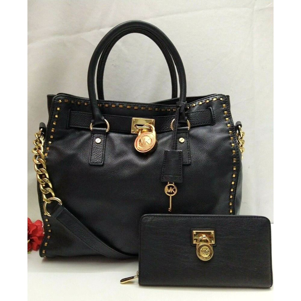 Michael Kors Hamilton Black Leather Satchel Shoulder Bag w/ Matching Wallet